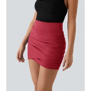 Halara High Waisted Bodycon Pocket 2-In-1 Mini Ruched Skirt Winterberry Size L